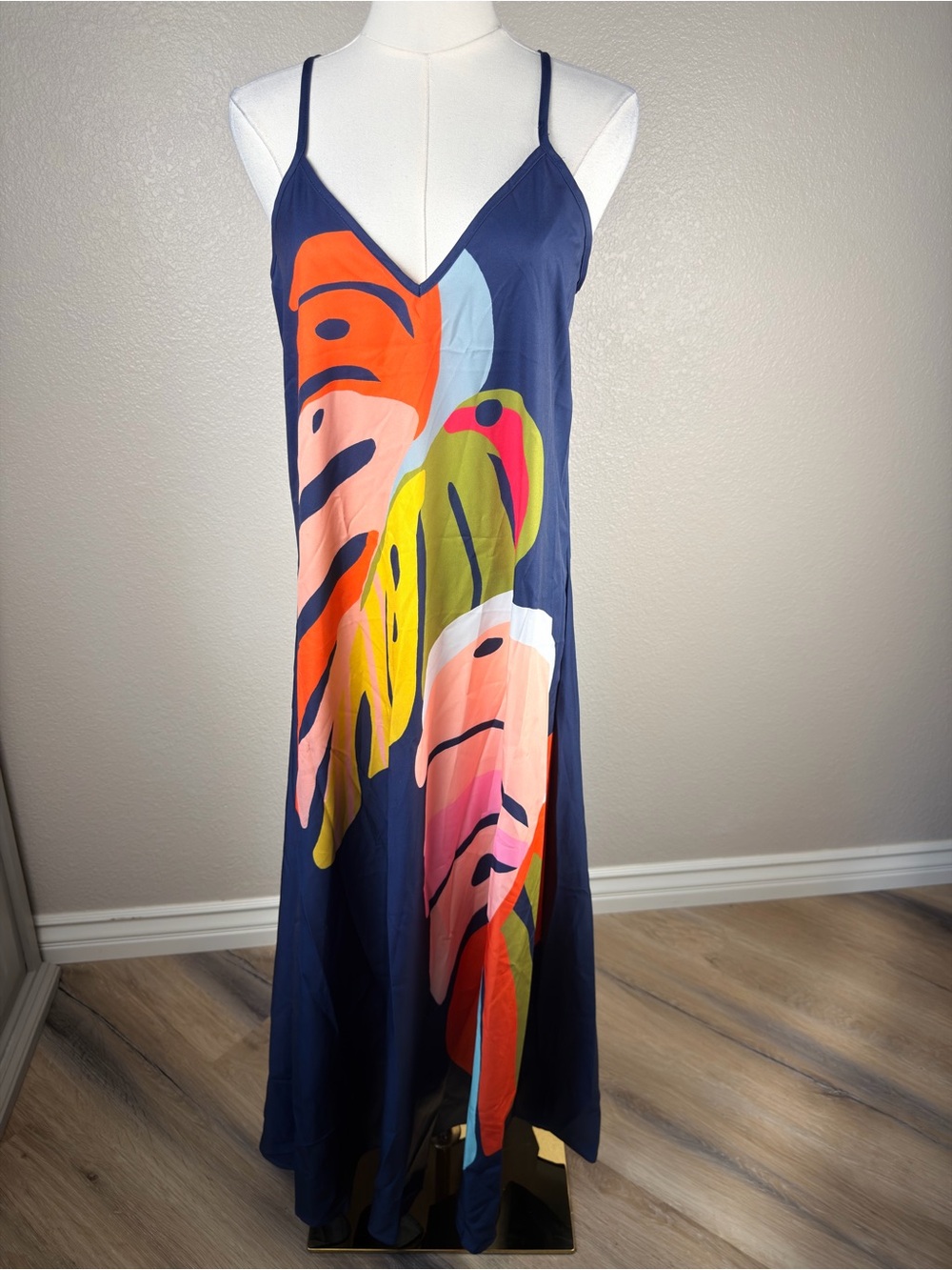 NWOT Navy Multicolor Abstract V‑Neck Maxi Dress Boho Loose fitting, Medium - Picture 3 of 6